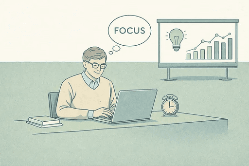 An illustration of Bill Gates sitting at a desk and working on a laptop, with a thought bubble above his head that reads "FOCUS." On the desk is an alarm clock, and in the background is a presentation board showing a lightbulb and an upward-trending bar chart.