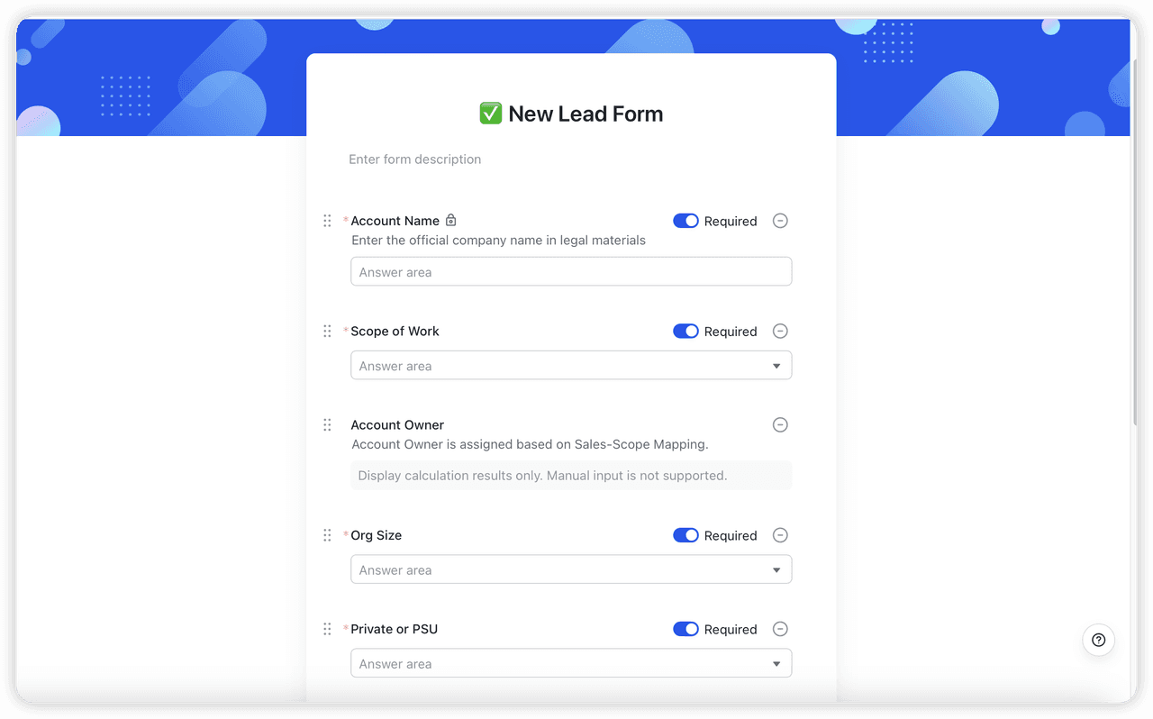 A form for submitting lead information to be entered into a database