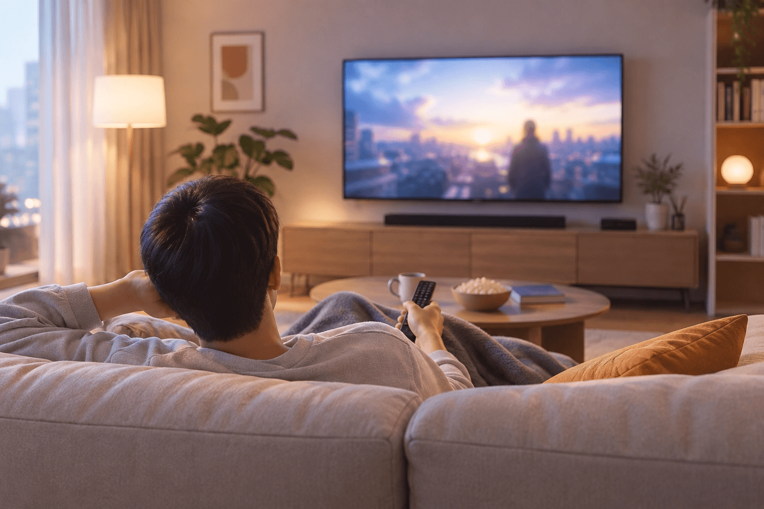 은은한 분위기의 거실 소파에 편안히 누워 대형 TV 화면으로 영상을 감상하고 있는 남성의 뒷모습입니다.