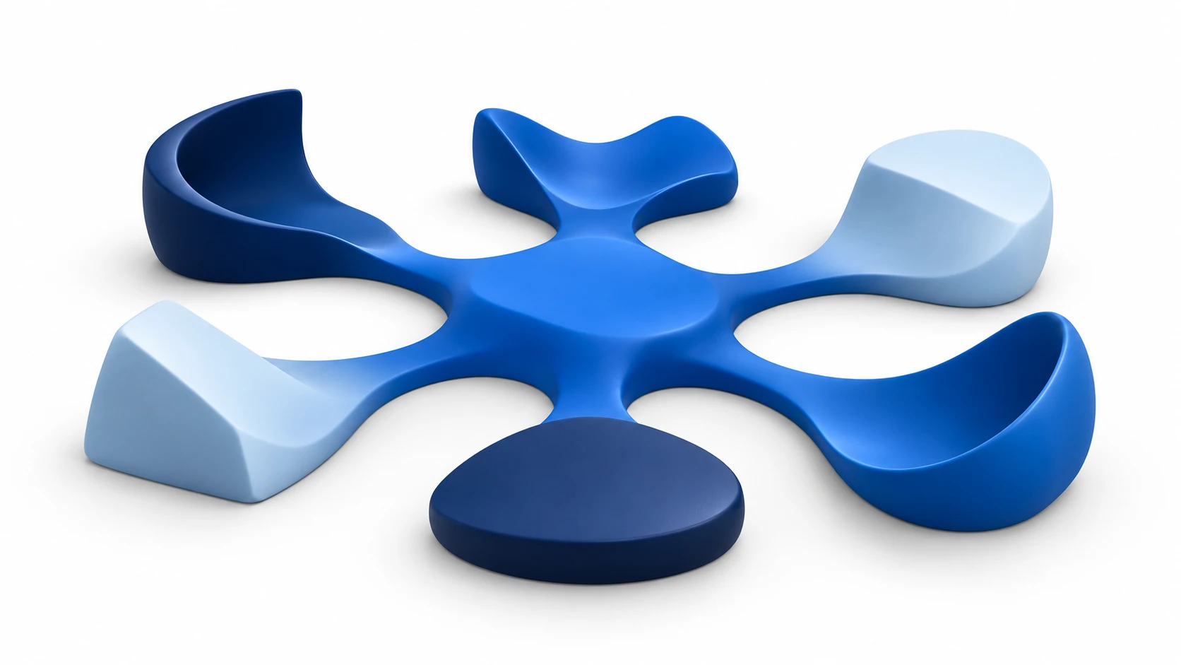 Six connected blue sculptural elements representing Evolte's healthcare growth service areas