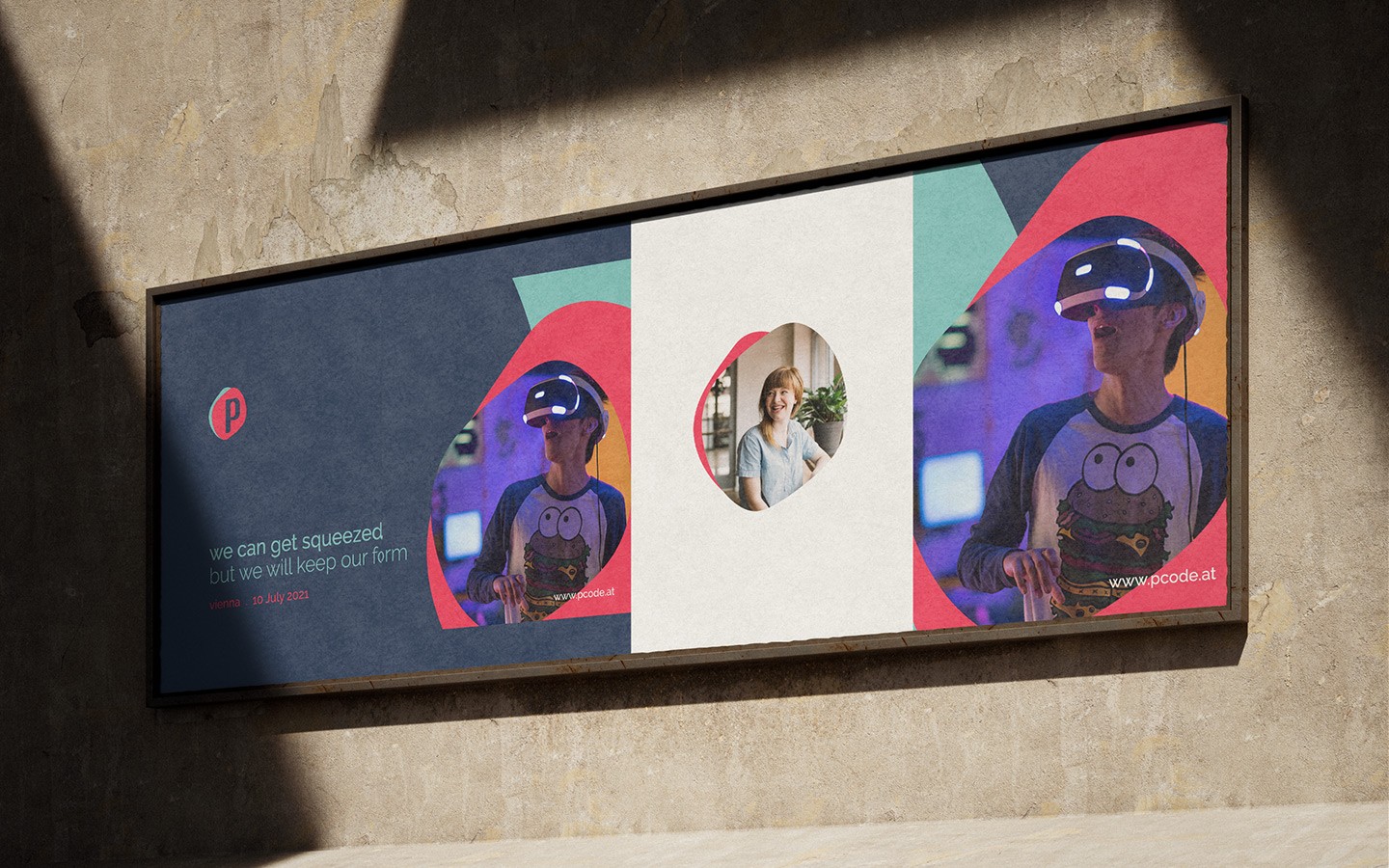 Large poster of man with VR googles mounted on wall with shadows.