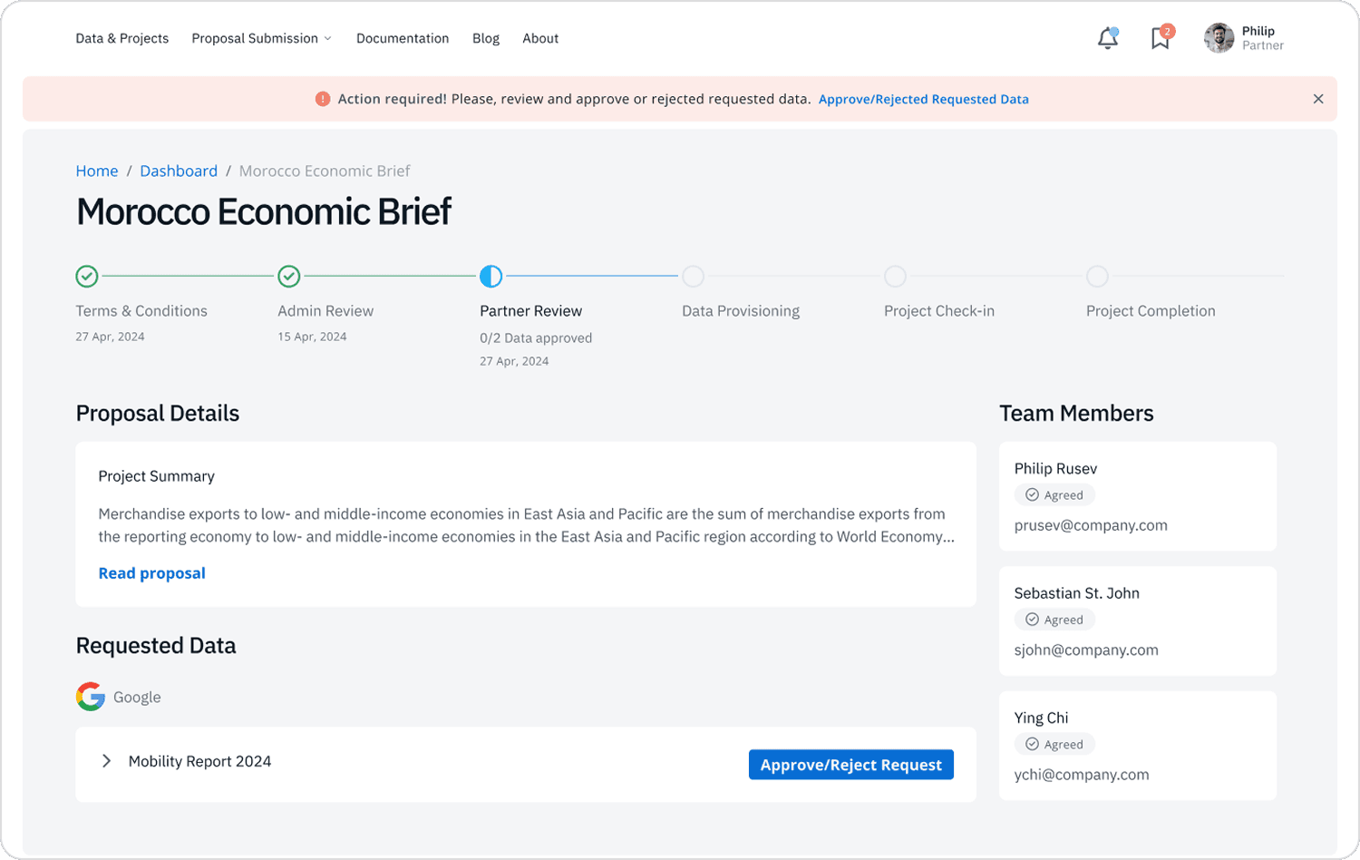 Desktop portal UI for a non-profit showing the third step of the process, which is Partner Review