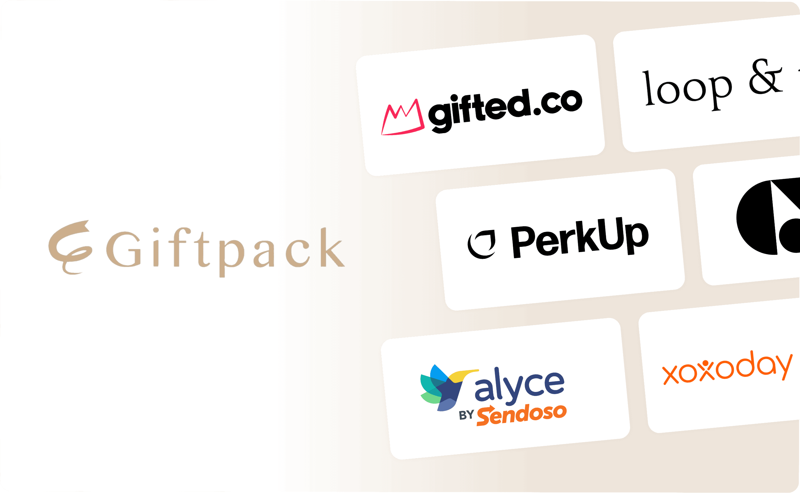 Giftpack logo beside its alternatives: PerkUp, Loop & Tie, Gifted.co, Gemnote, Alyce by Sendoso, and Xoxoday Plum.