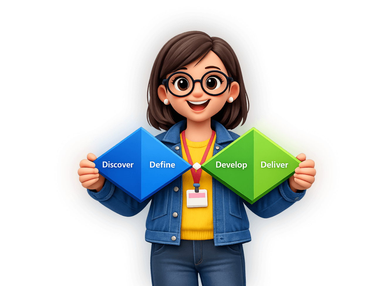 3D UX designer illustration holding a double diamond design process diagram labeled Discover, Define, Develop, and Deliver, representing the usability testing and product development workflow.