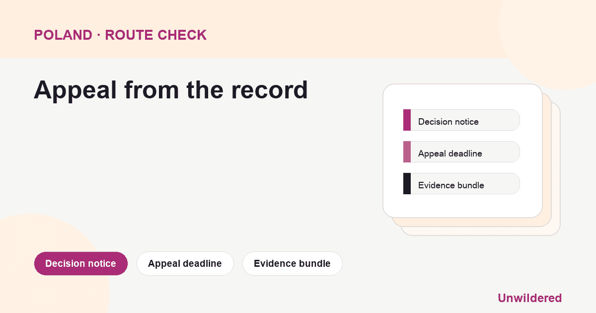 Process diagram for Poland Administrative Decision Appeal: Decision notice, Appeal deadline, Evidence bundle.