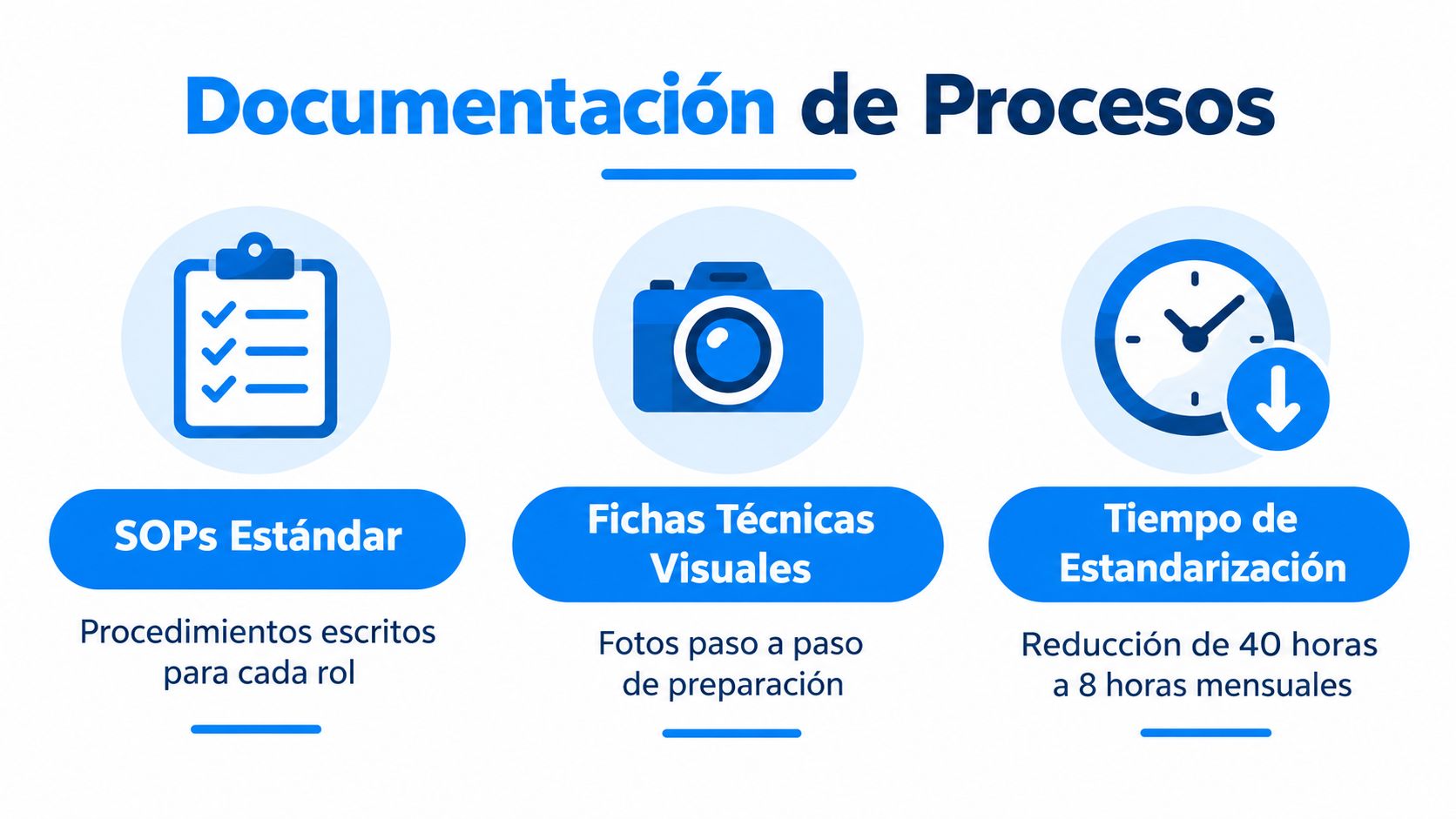 Iconos representando documentación de procesos, SOPs, fichas técnicas visuales y reducción de tiempo de estandarización.