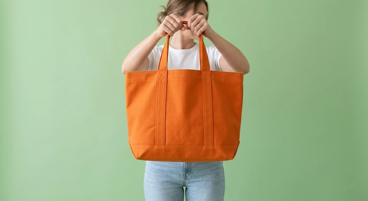 A women holding a orange woven  high finished tote bag in front of her. The background is light green