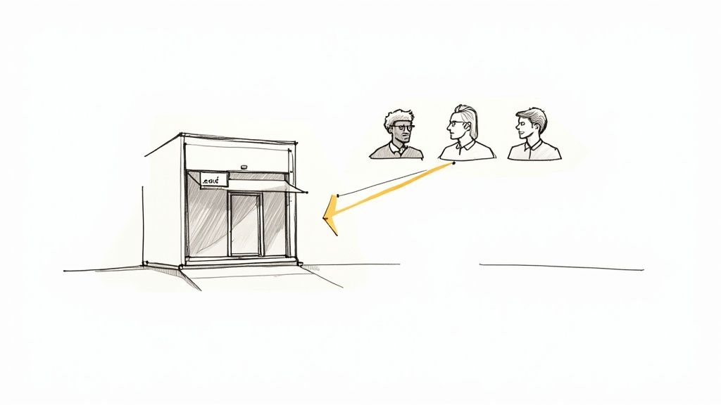 Sketch of three men with an orange arrow pointing towards a building, representing customer interaction or service direction.