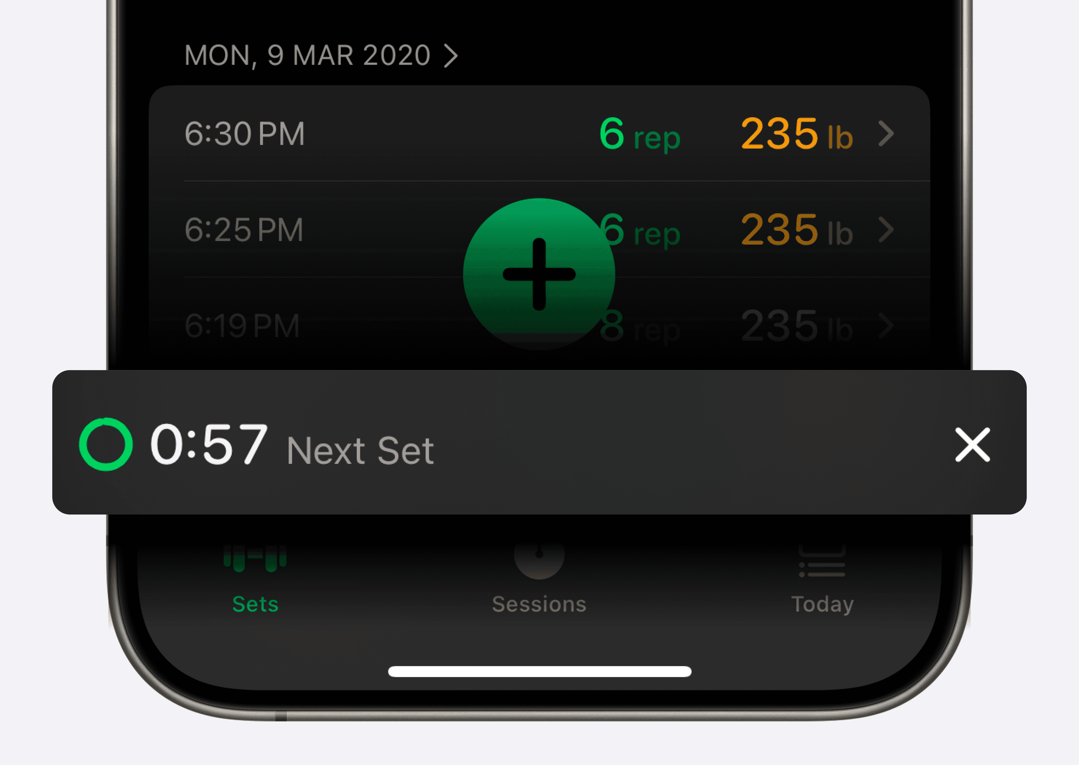 A screenshot of the Setgraph app showing a workout log from Monday, March 9, 2020. The log lists sets performed at specific times, such as 6:30 PM, with details of 6 repetitions at 235 lb. In the center, there is a green button with a plus sign to add more sets. At the bottom of the screen, a timer is displayed, indicating '0:57 Next Set,' signaling a countdown until the next set. The app interface uses a dark theme with green and orange highlights for workout metrics.