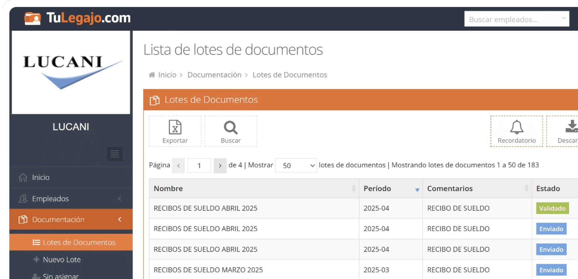 Captura de pantalla de la plataforma TuLegajo con documentos de sueldos de empleados de Lucani
