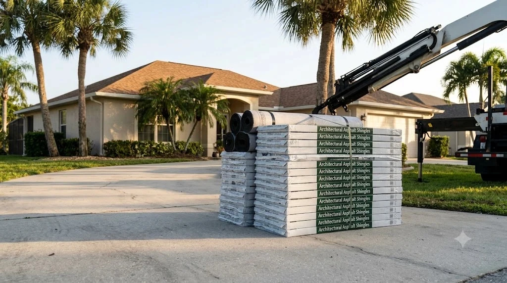 Roofing materials delivered and staged on a South Florida driveway ahead of a scheduled replacement