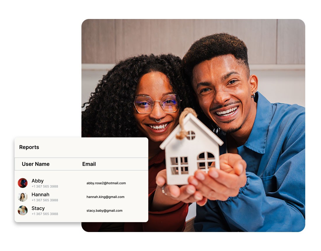 Couple holding a miniature house symbolizing homeownership, accompanied by a report listing user names and contact details
