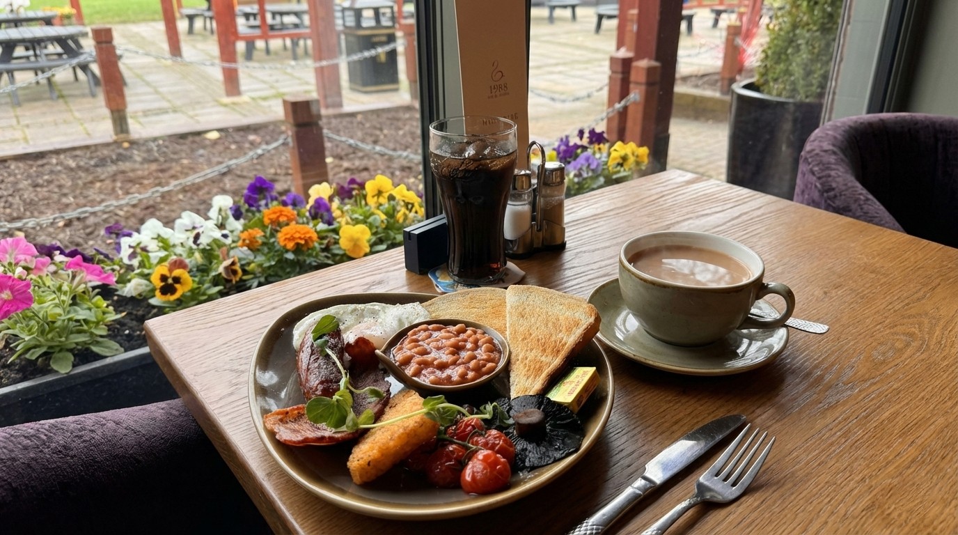 A full english breakfast on a table with a cup of coffee