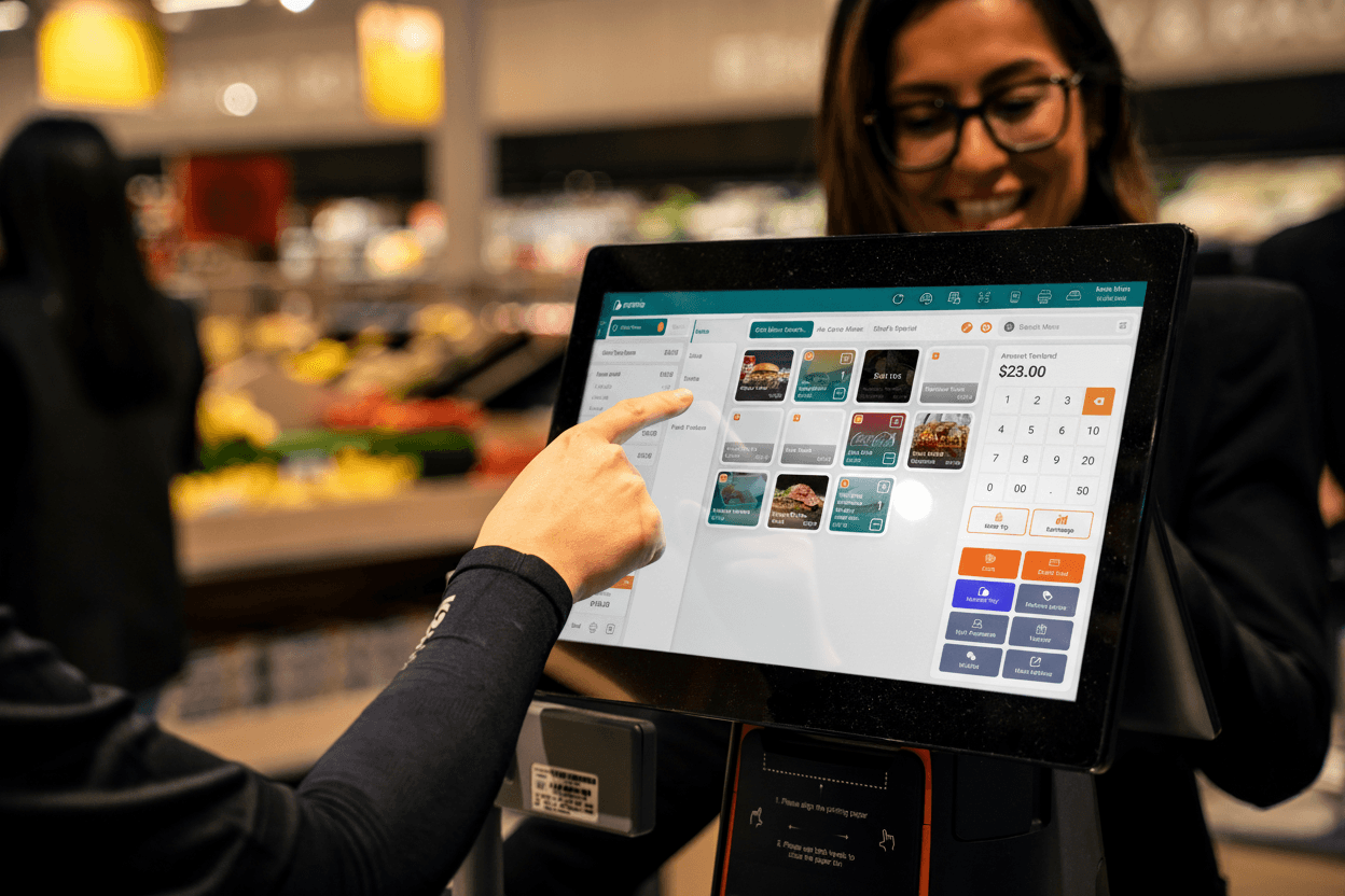 cashier use grocery pos system in supermarket