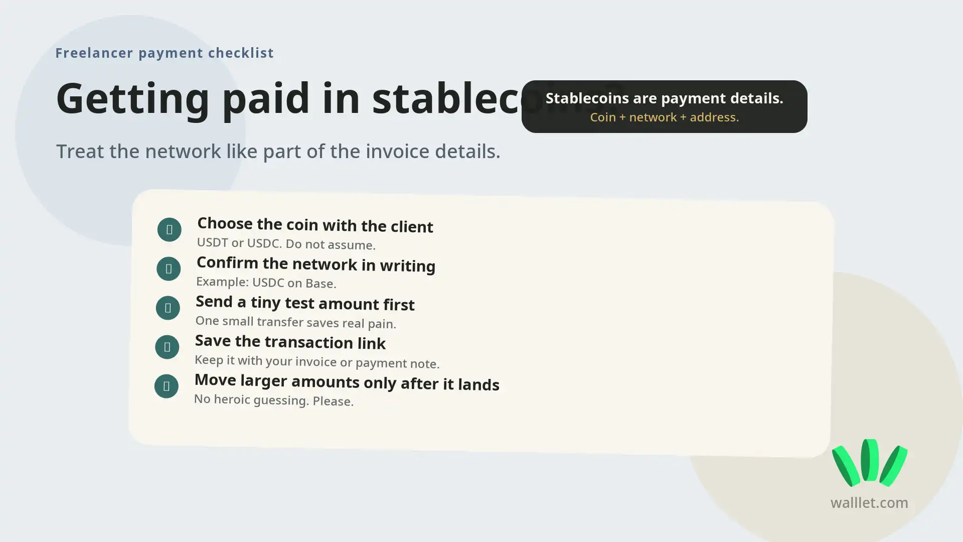 Freelancer stablecoin payment checklist for receiving USDT or USDC safely by confirming coin, network, test transfer, and transaction link.