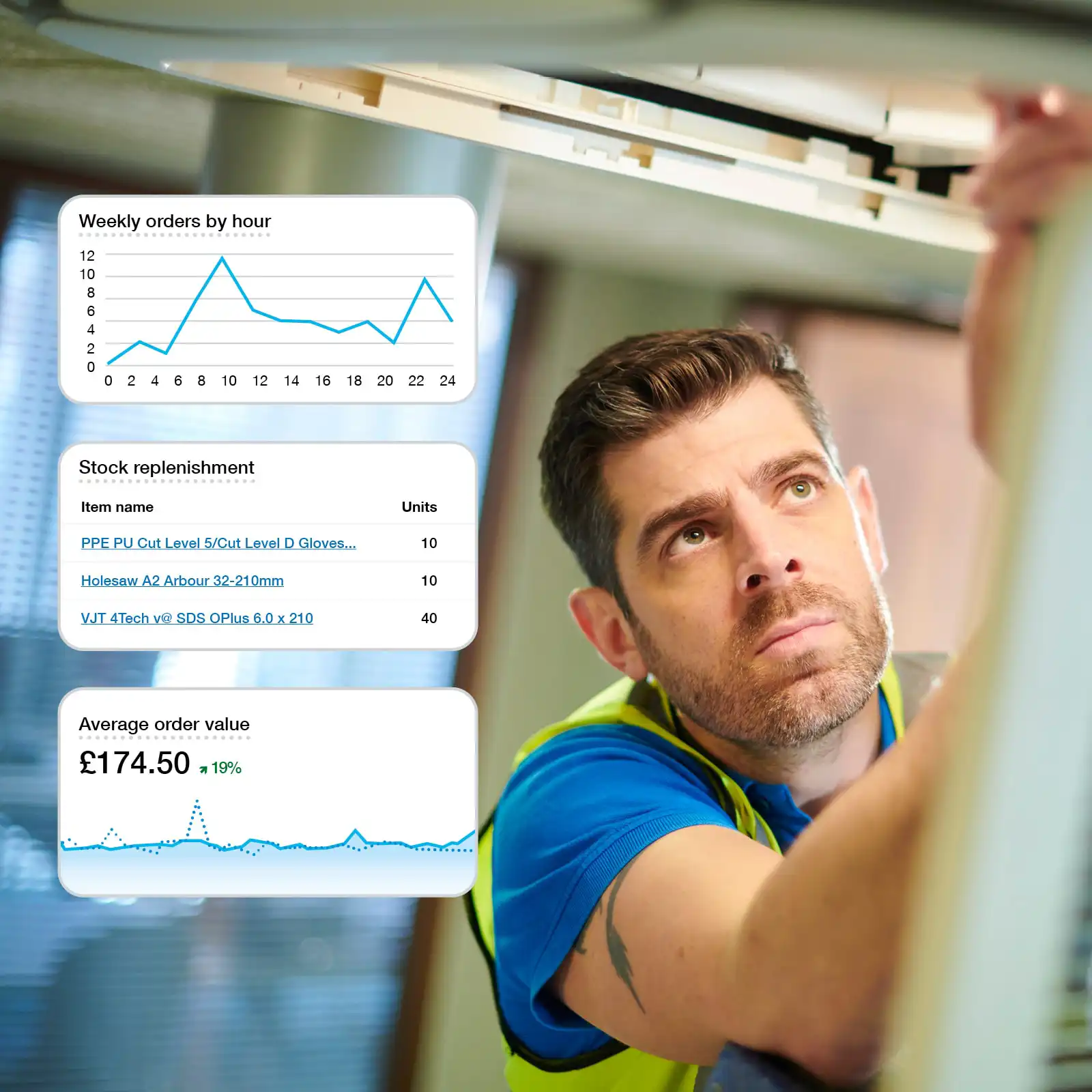 A picture of a repair engineer onsite replacing a lightbulb