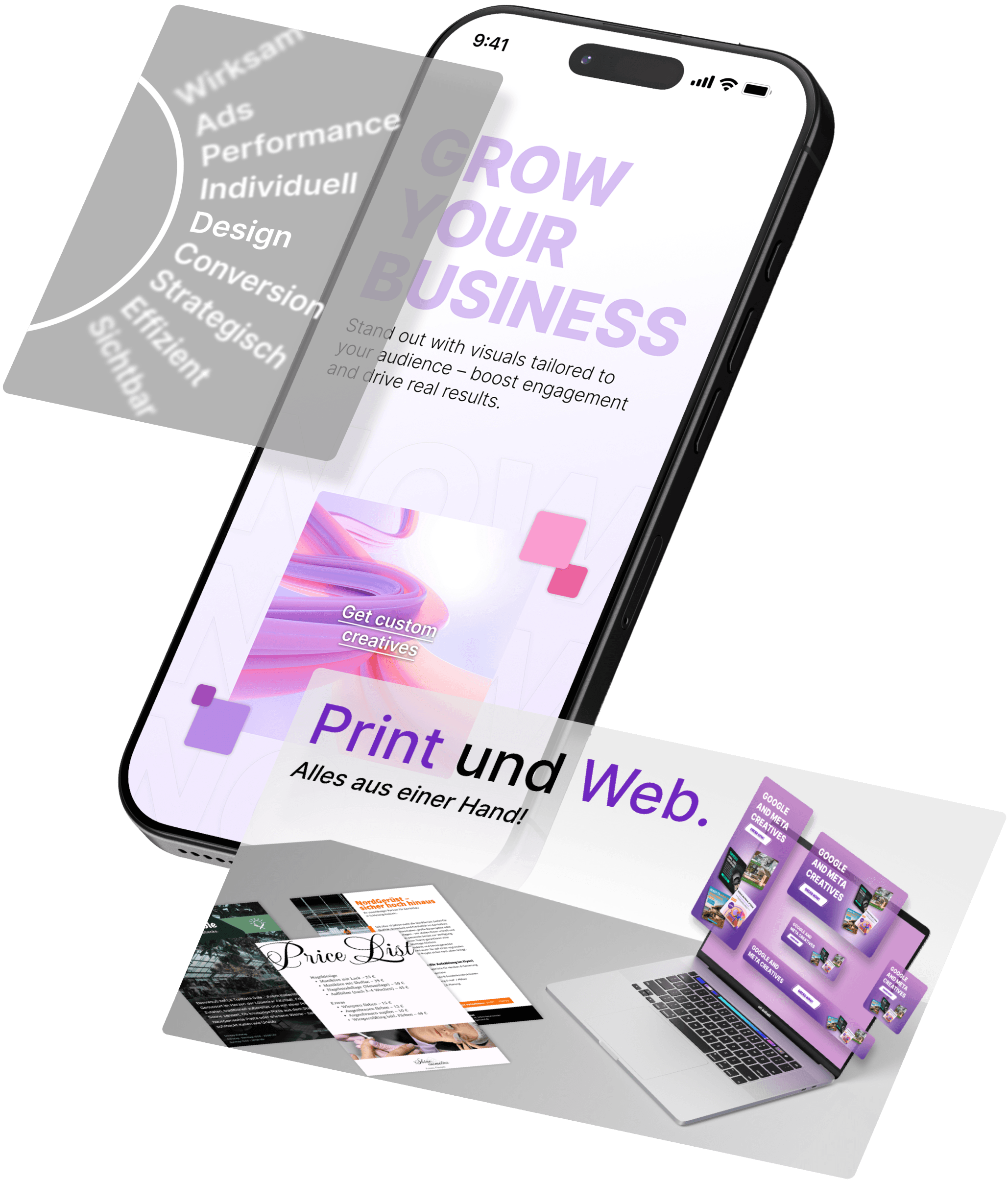 Smartphone mit zwei beispielhaften Ad Creatives für Social Media Werbung