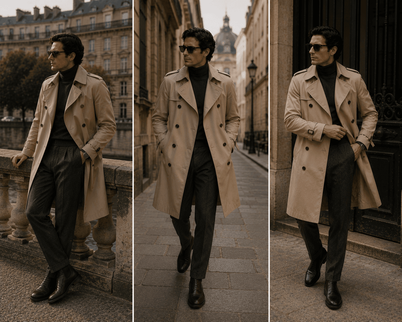 A three-panel full-body fashion lookbook featuring a stylish man in classic European autumn attire modeled in Paris. He wears a classic double-breasted beige trench coat open over a charcoal grey knit turtleneck sweater, high-waisted dark grey wool trousers, dark brown leather dress boots, and dark sunglasses. The left panel shows him leaning casually against a stone bridge balustrade along the Seine River. The middle panel shows a front view walking down a cobblestone street with Haussmann-style architecture in the background. The right panel shows him standing outside an elegant stone doorway.