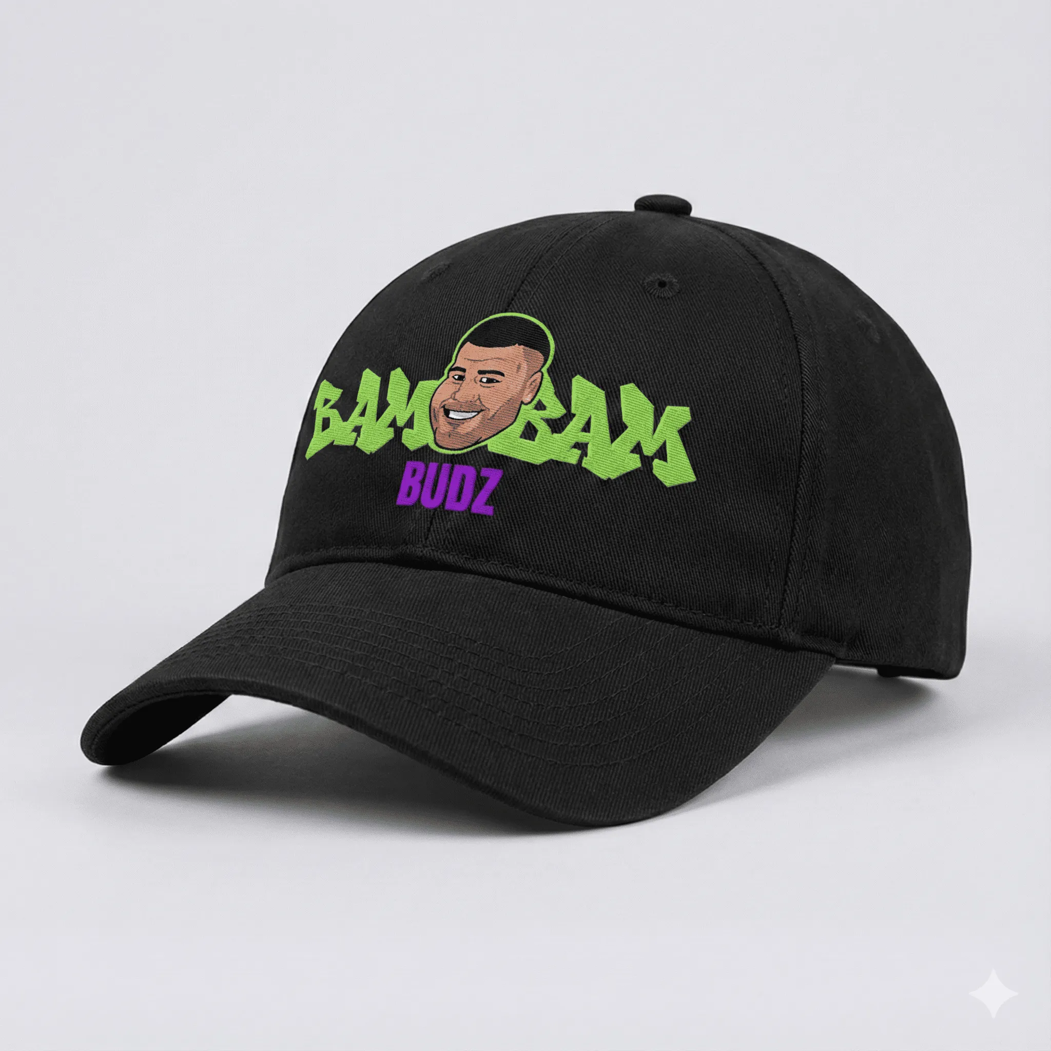 Black cap featuring the BamBam Budz cartoon character and neon green graffiti logo.