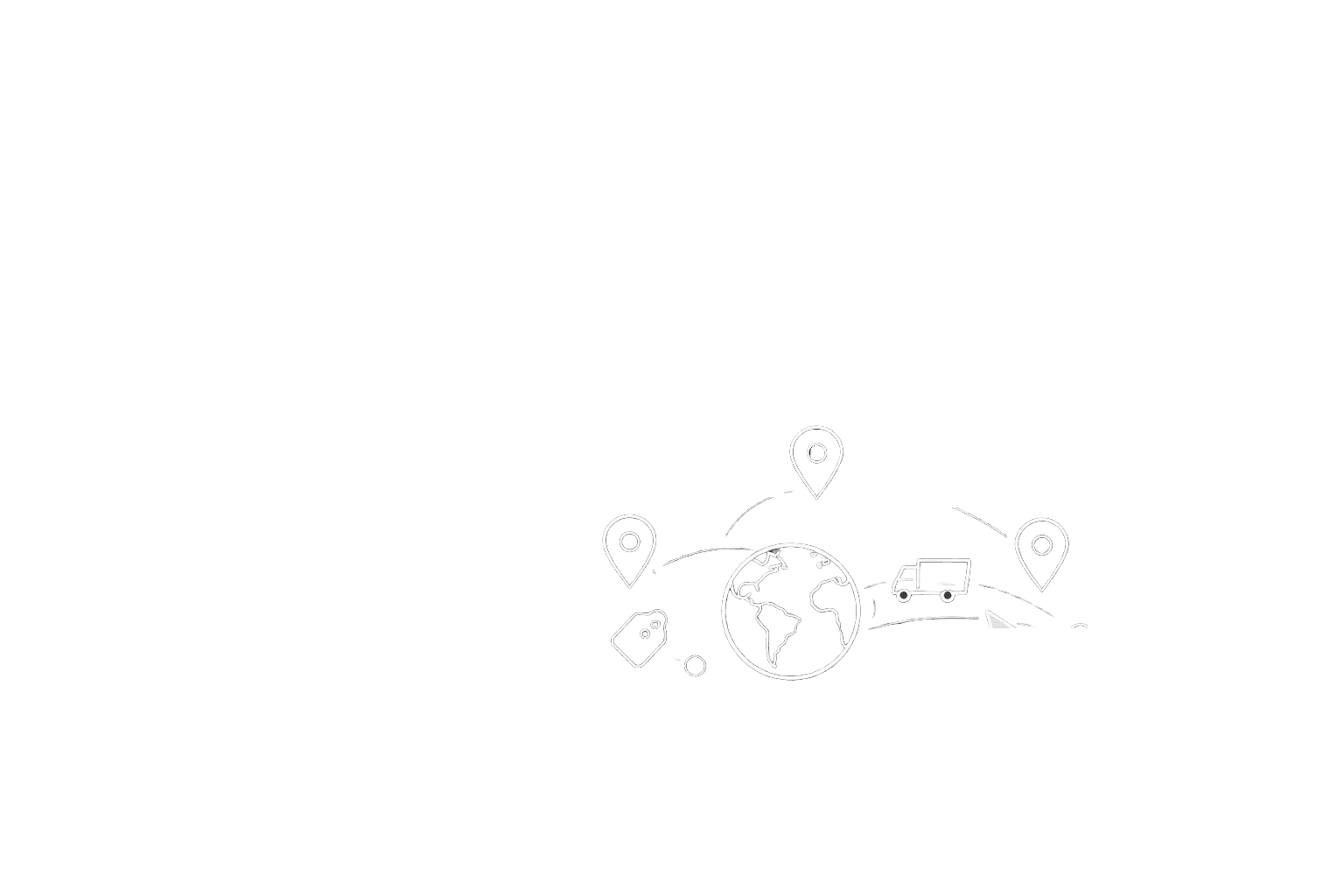 Minimal illustration of a globe with delivery routes, location pins, and a price tag icon representing shipping costs by country.