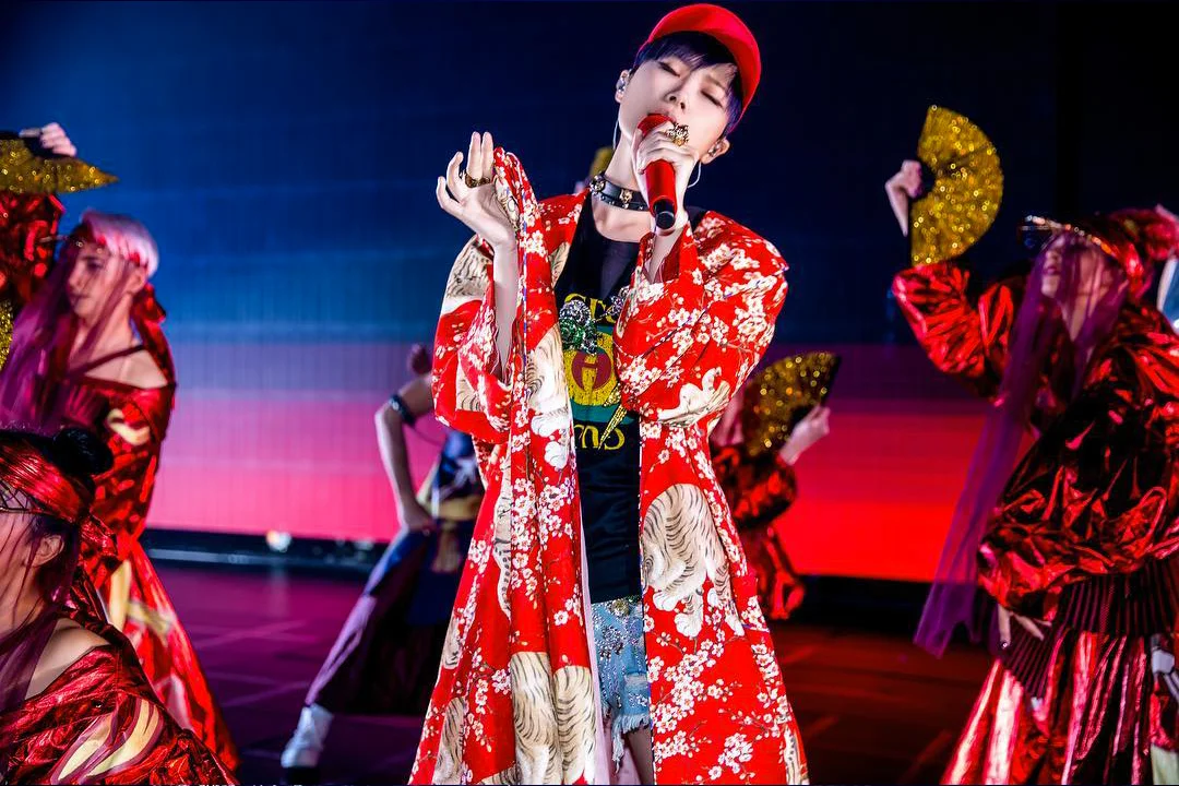 Live performance image showing a singer in a red embroidered outfit and cap, connected to the Liu Xing tour visuals and illustrated album cover series.