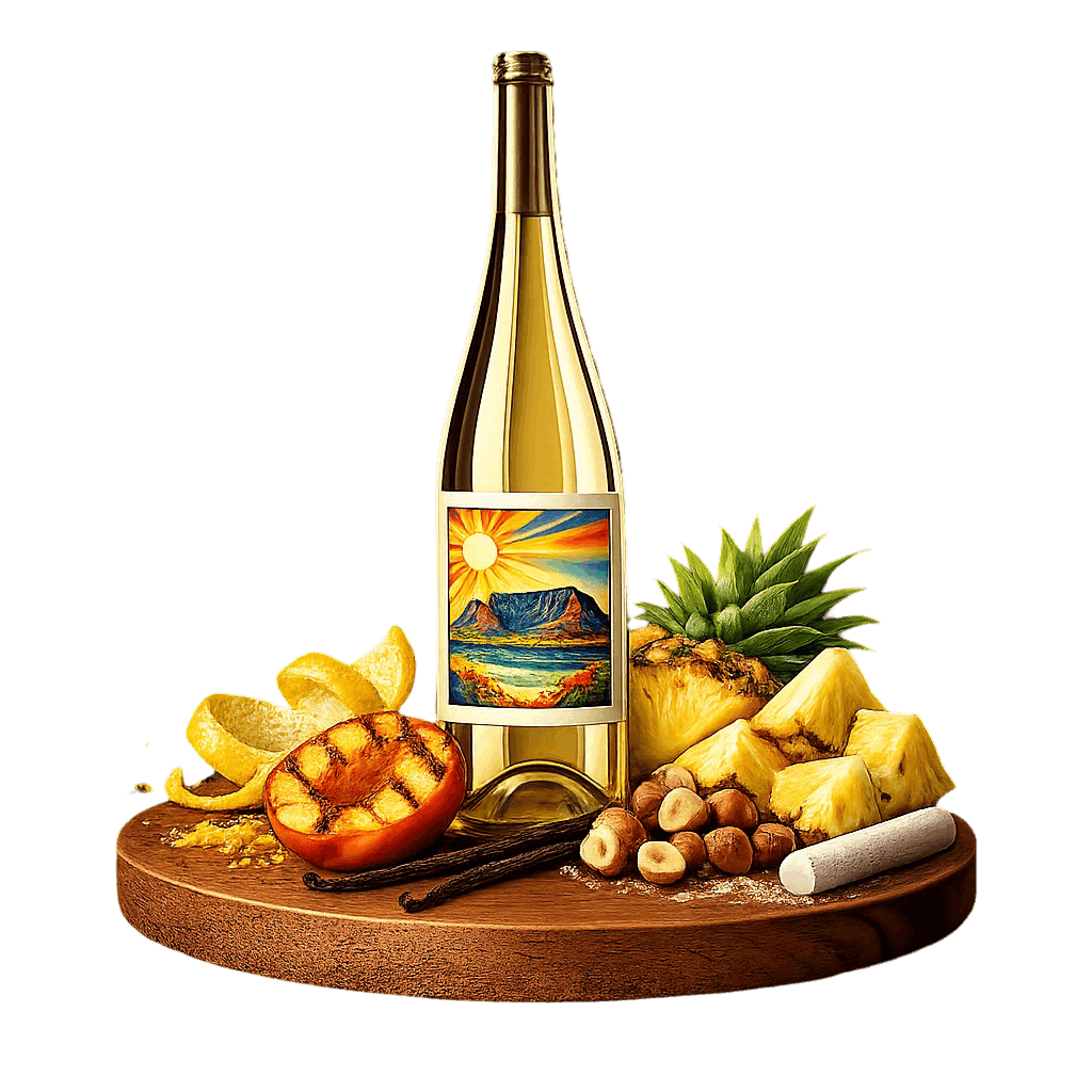 Artistic label and flavor profile for South African Chardonnay on a rustic wooden table.
