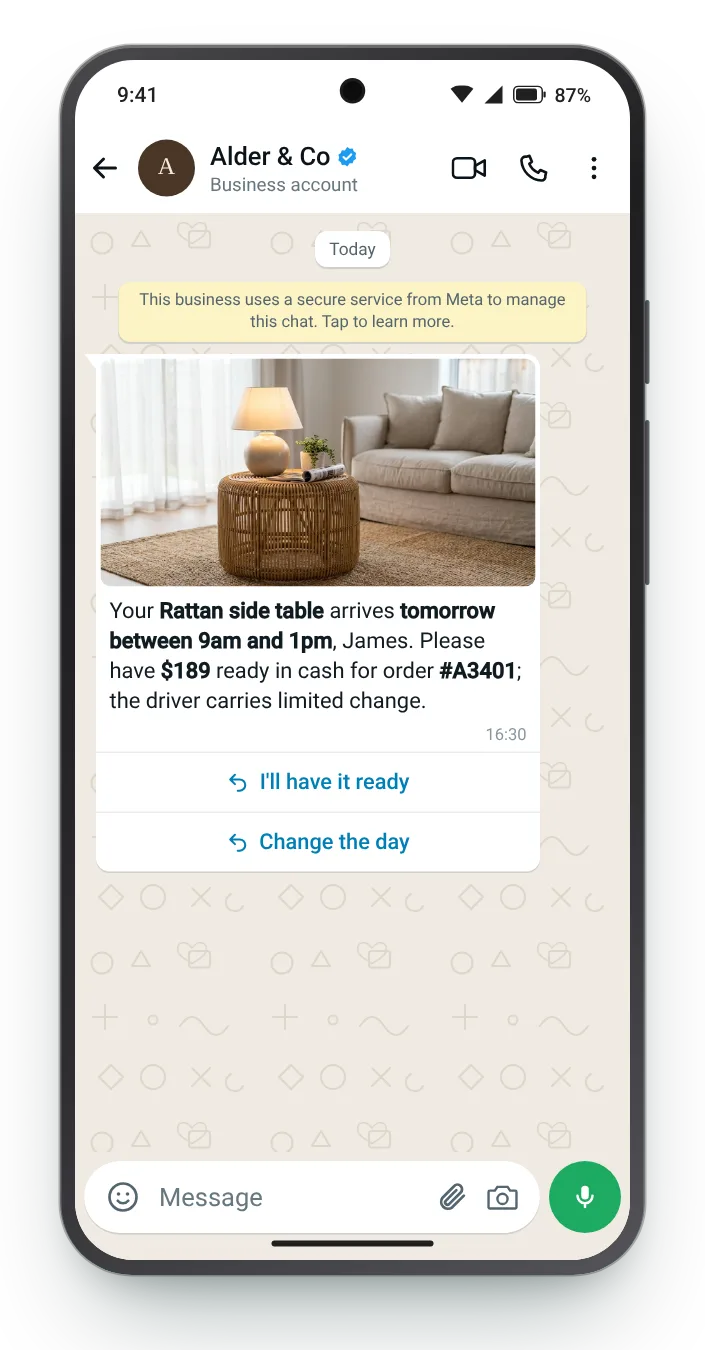 The amount and the day, in advance: WhatsApp COD confirmation on an Android phone