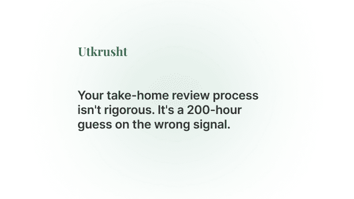 Your take-home review process isn't rigorous. It's a 200-hour guess on the wrong signal.