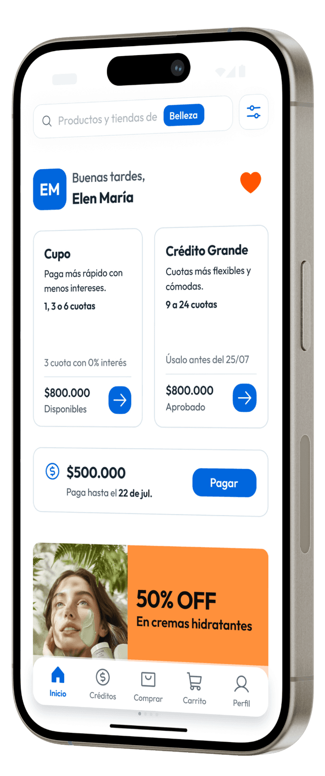 Interfaz de inicio de la aplicación móvil de Addi, mostrando opciones de crédito y botones de navegación en un diseño moderno y limpio.