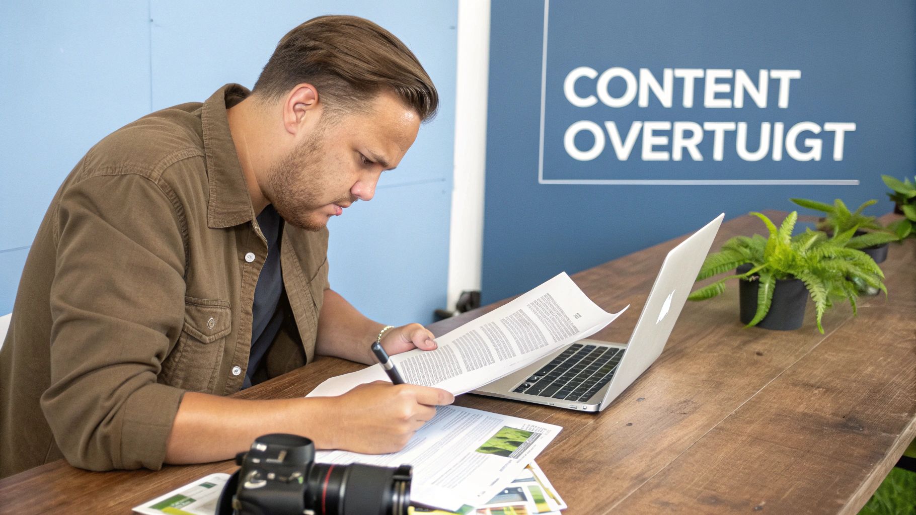 Een man focust zich op het ondertekenen van documenten aan een houten bureau met een laptop en camera. De achtergrond toont 