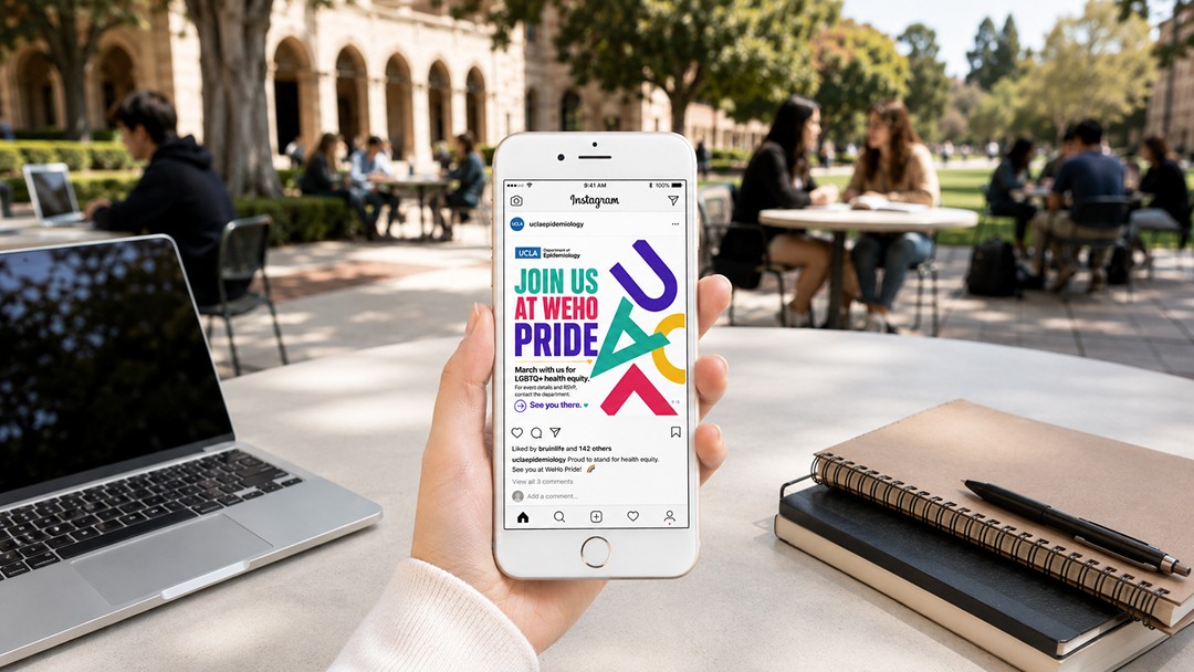 White iPhone displaying a UCLA Epidemiology Instagram post for the WeHo Pride March on campus.