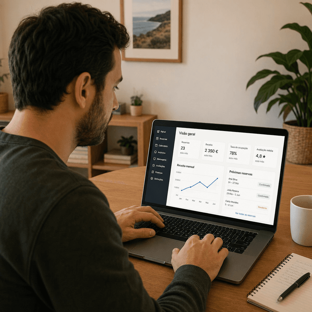 Anfitrião a analisar dados e a gerir reservas num computador portátil