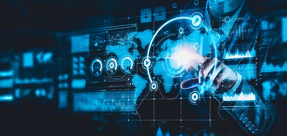 Abstract digital landscape featuring a glowing globe and data streams in shades of blue and black.