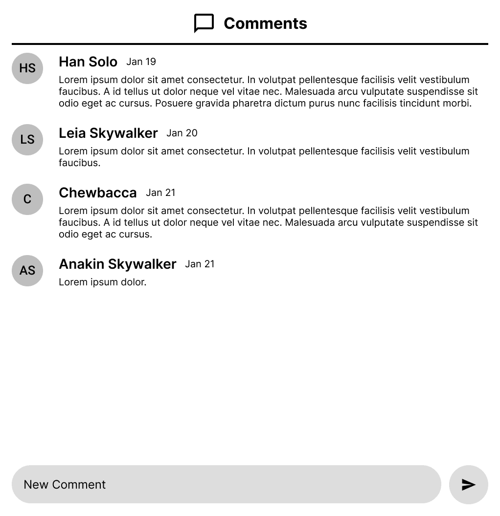 Low-fidelity wireframe of the updated record comments, redesigned to resemble a standard comment section for better consistency and readability.