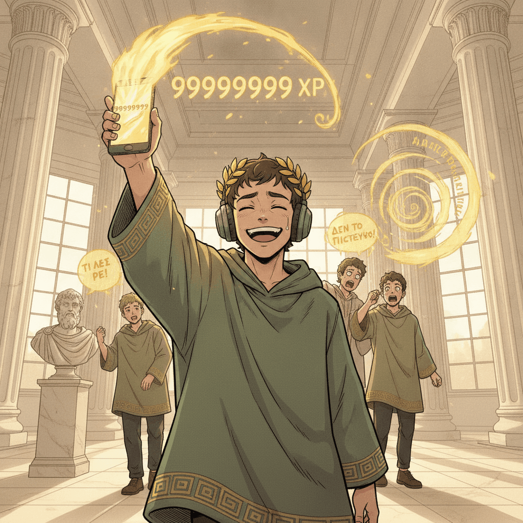 Student with a huge golden streak counter who freezes when classmates around him speak a foreign language