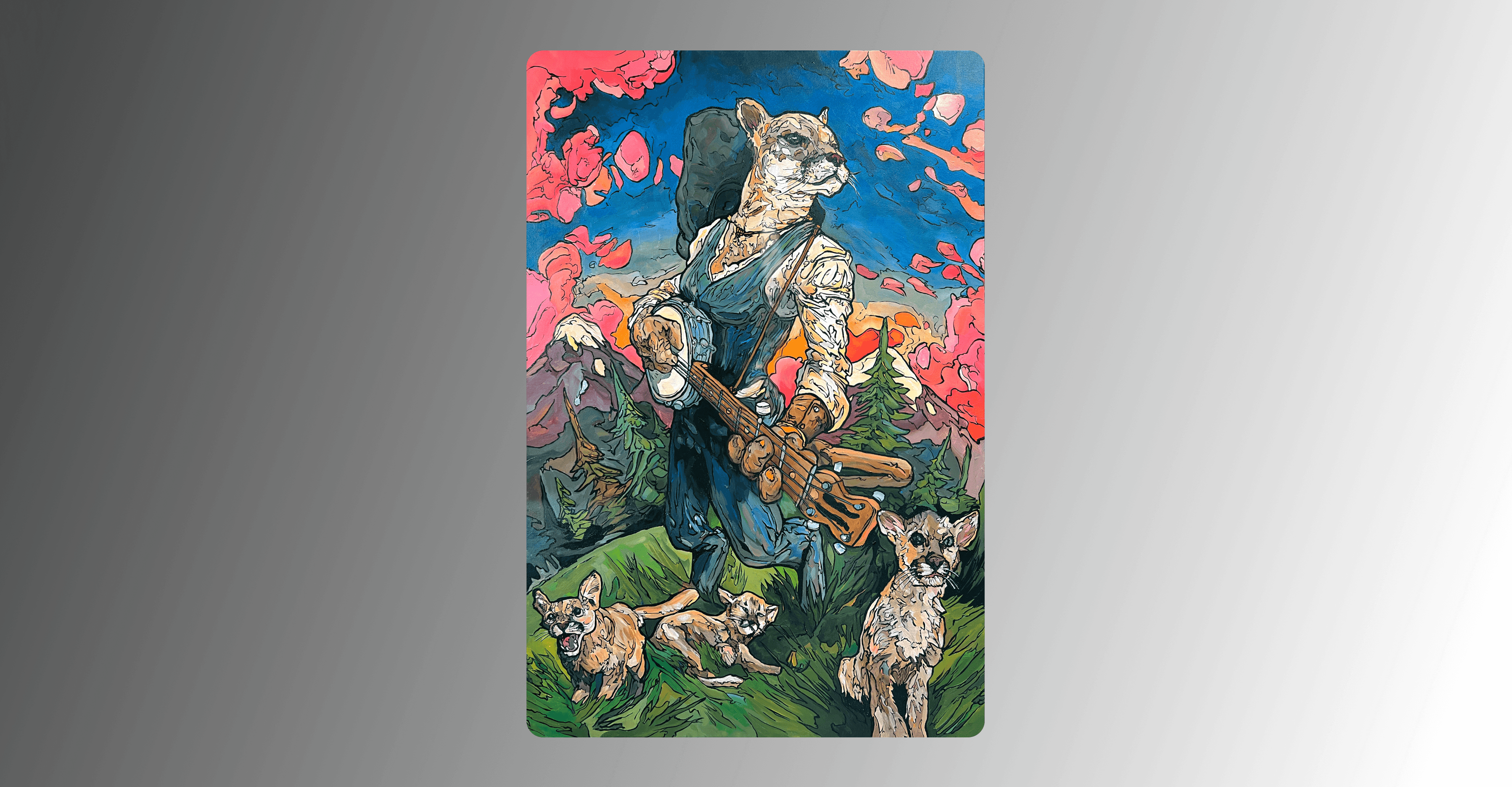 The painting titled, "Lioness," where a tall lioness dressed in a blue suit and vest plays the banjo above three lion cubs. They are all standing in a grassy field with tall pink mountains in the background and billowy pink clouds.