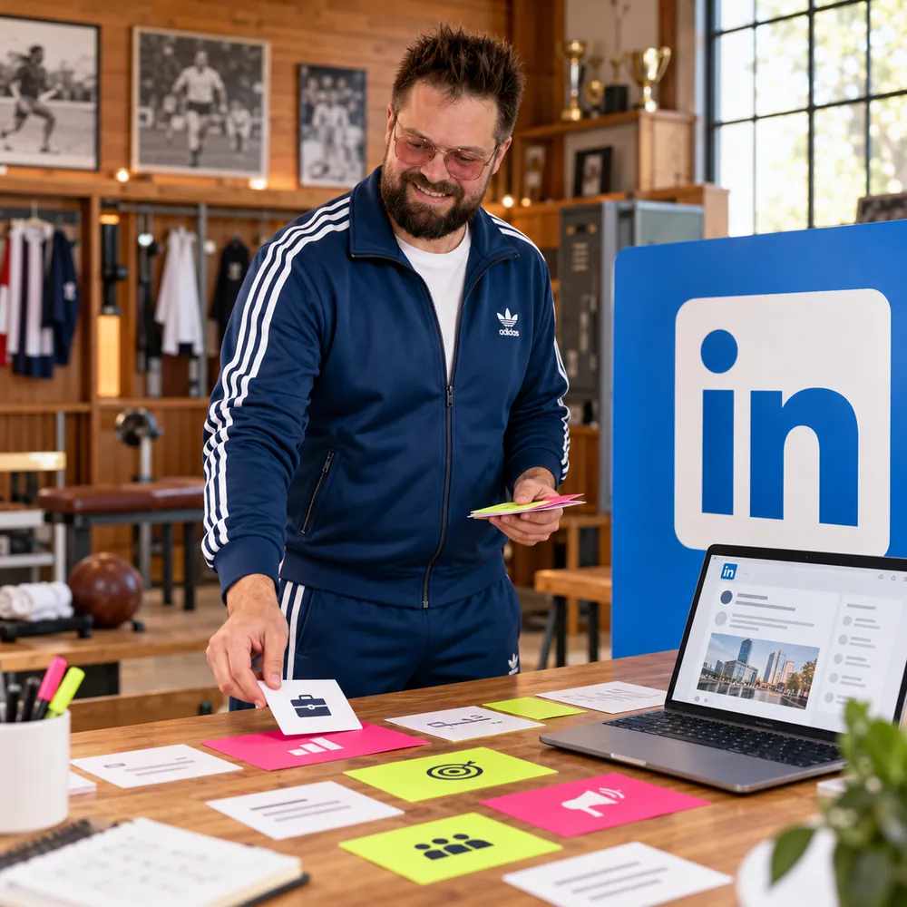 Anthony prépare une campagne B2B, à côté d’un grand logo LinkedIn.