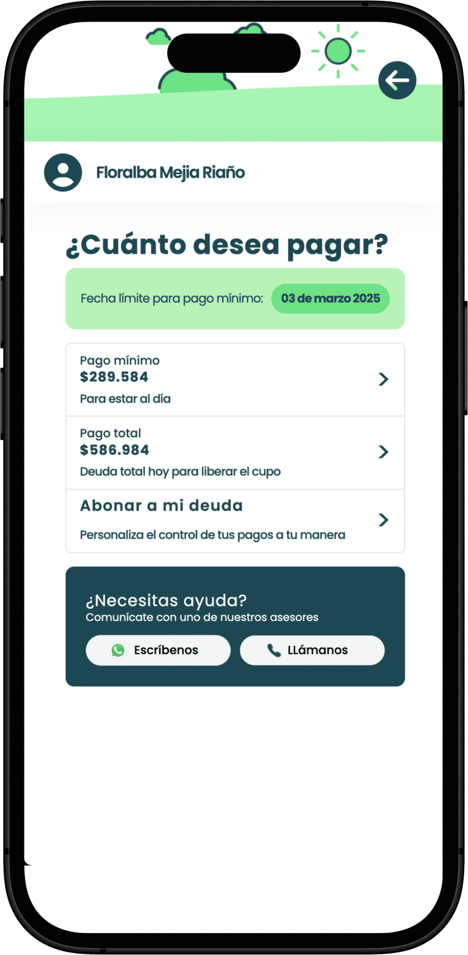 Pantalla de pagos en la app de zíro, mostrando opciones para abonar o pagar deuda total