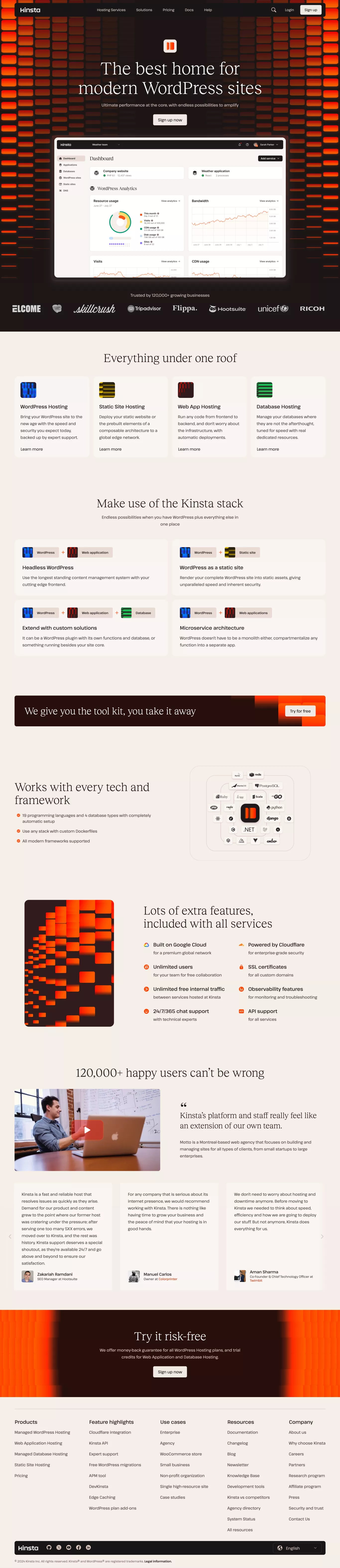 Kinsta® - The best home for modern WordP landing page screenshot showcasing Tech design