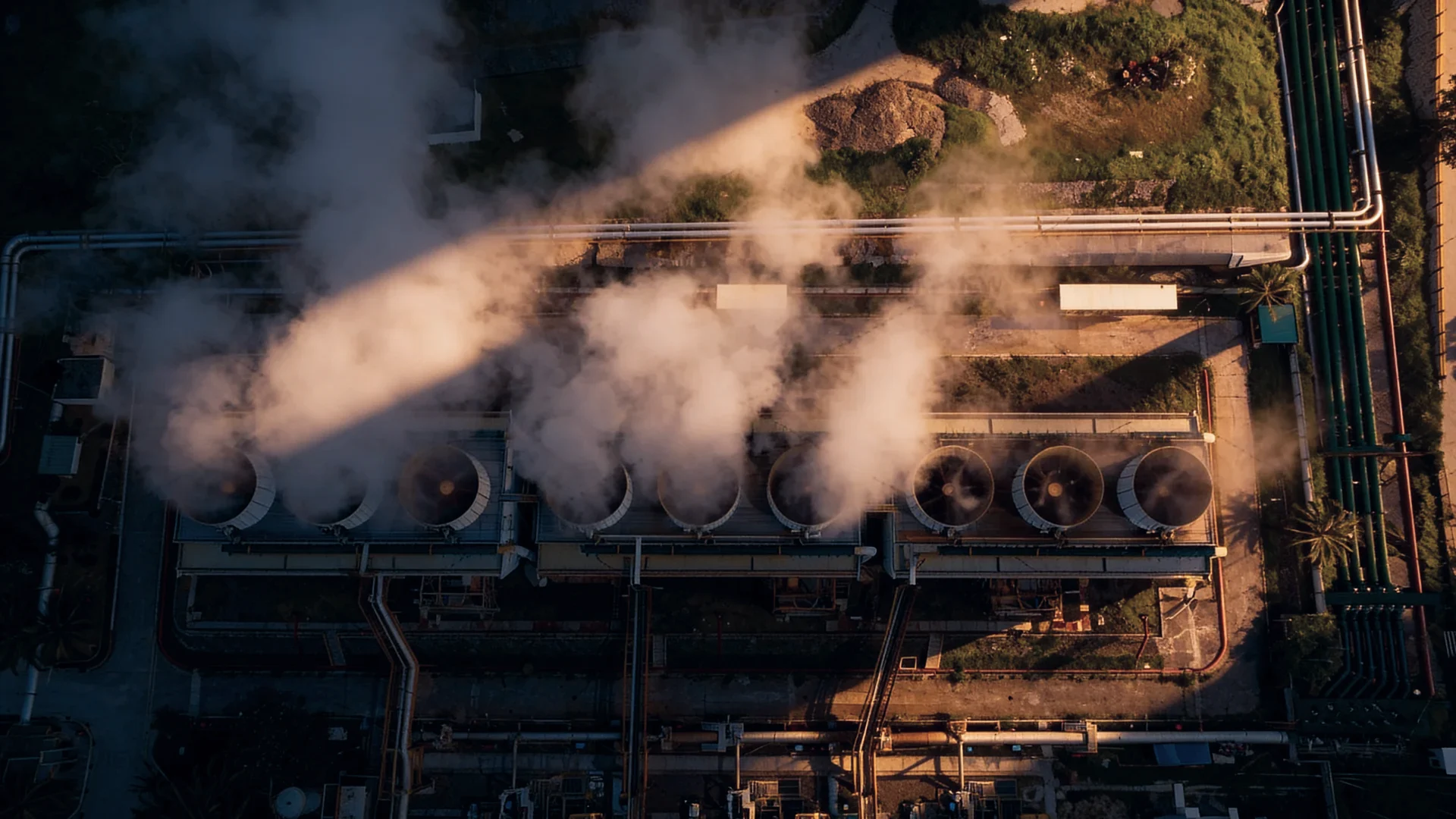 a large factory with smoke