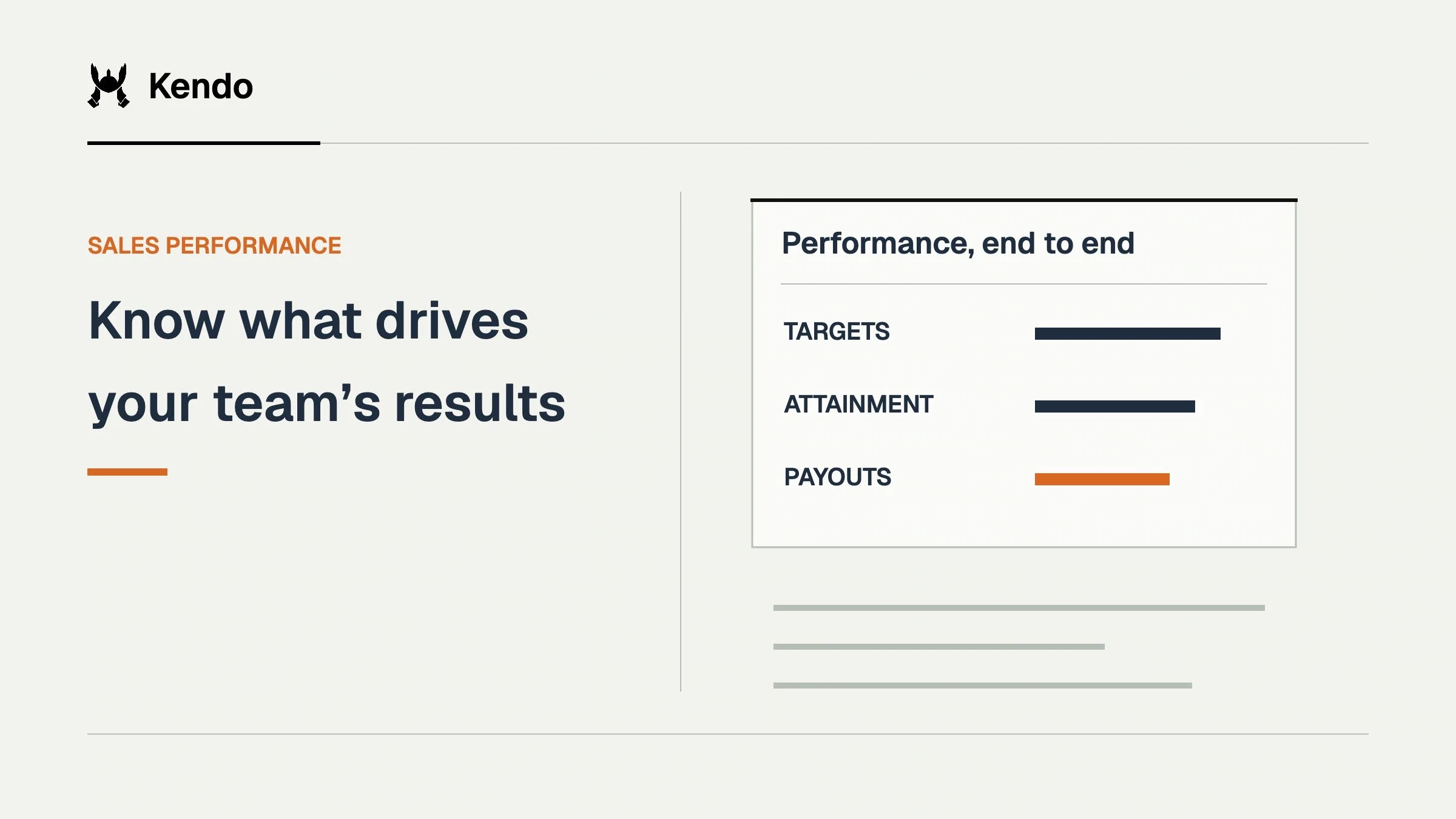 Know what drives your team’s results. A performance ledger links sales targets, attainment and payouts, with qualitative bars and no numerical results.
