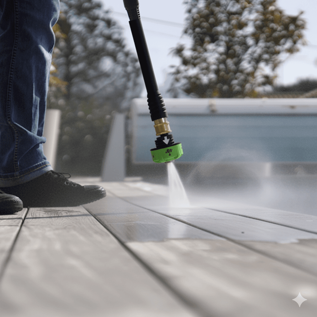 Worker pressure washing a surface outdoors