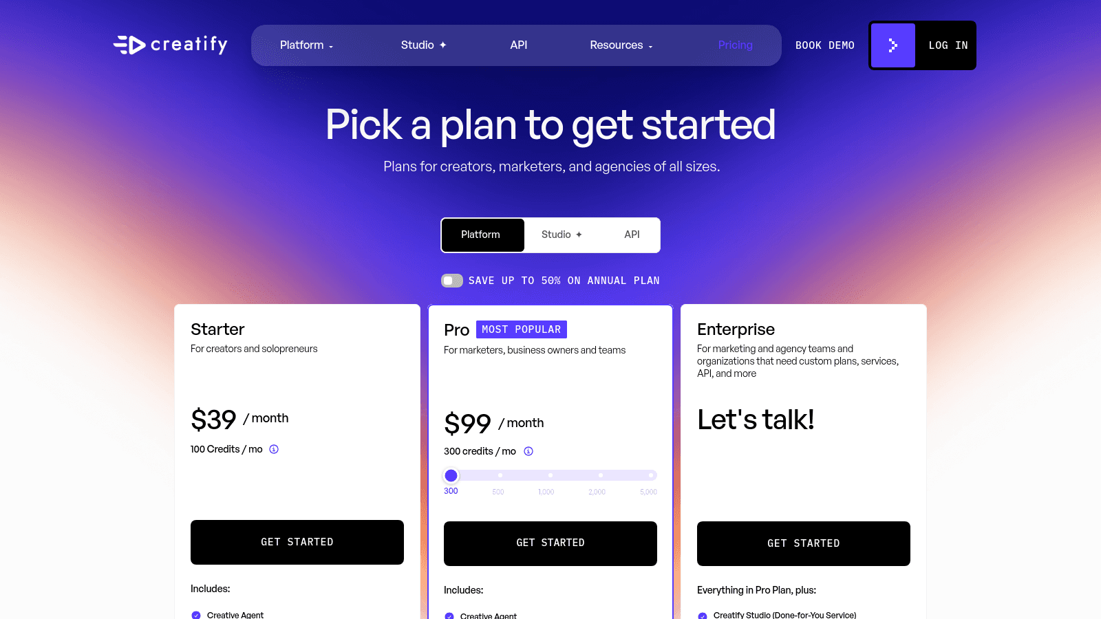 Creatify pricing page featuring three tiers: Starter, Pro, and Enterprise, with monthly subscription plan options.