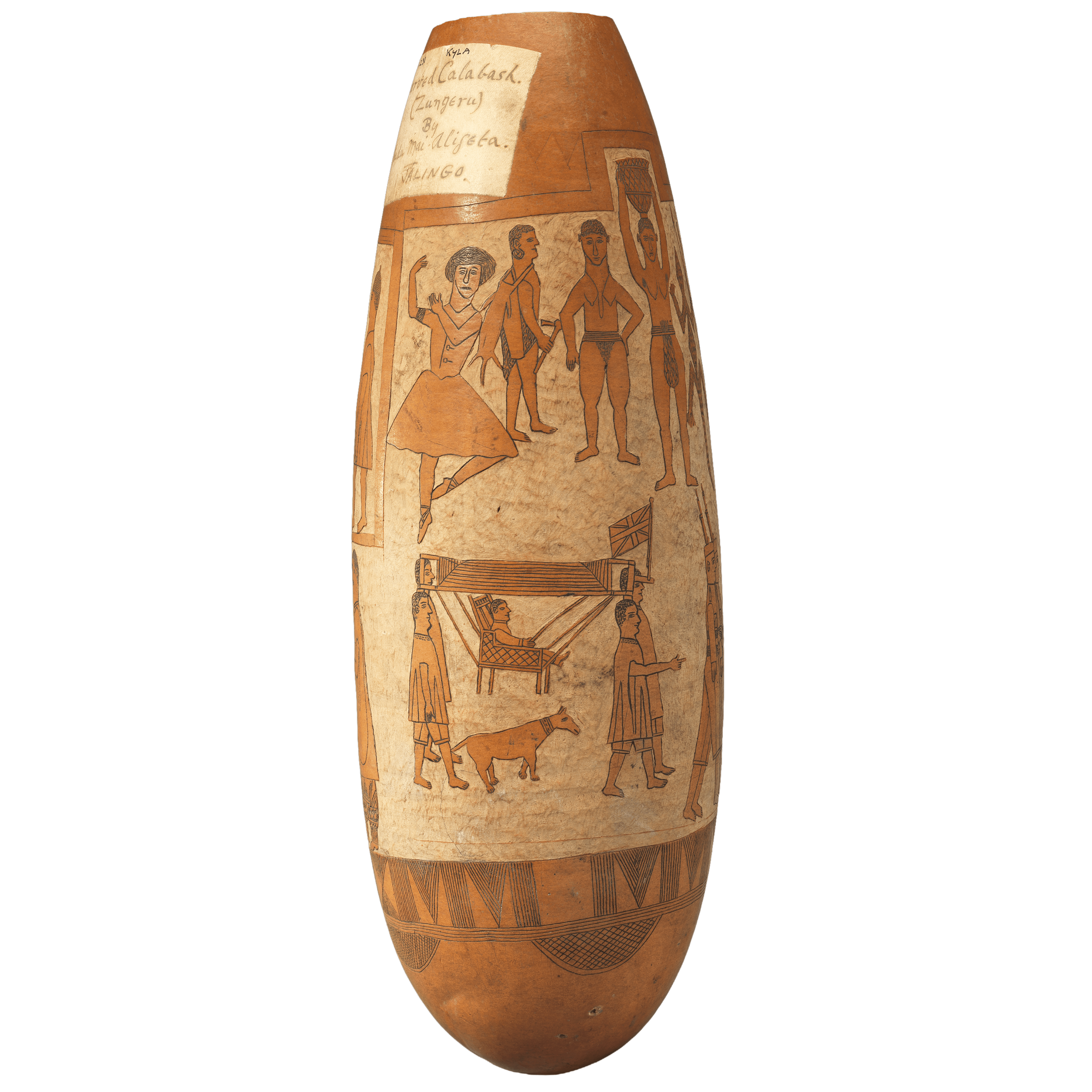 A carved, elongated gourd. The gourd is decorated with images, including one of a ballerina, and another of two people carrying another in a palanquin.