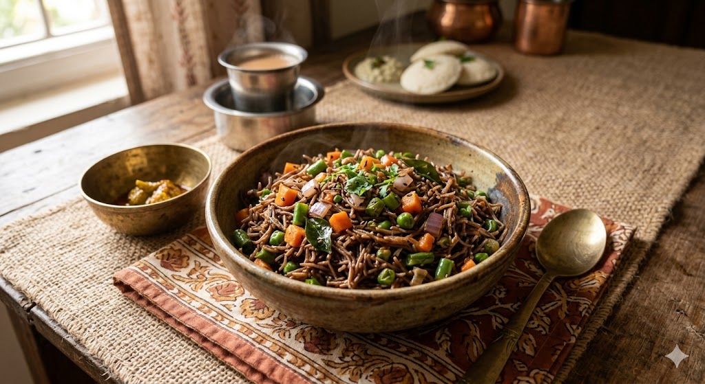 A bowl of savory ragi (finger millet) vermicelli upma mixed with carrots, beans, and peas, garnished with coriander, served on a rustic wooden table with idli and filter coffee in an Indian home setting.