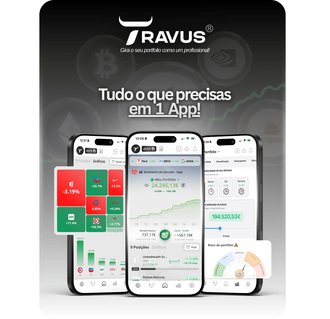 Aplicação mobile app, de ios iphone e play store para androids, compativel com todos os telemoveis, travusapp.com gestor de portofolio, aplicação toda completa sobre investiemntos, e gestão de portofoli, onde tens todas as métricas que ninguem fala, mapas de calor, indices de risco e análise de mercados, automaticamente com, a ferramente de AI