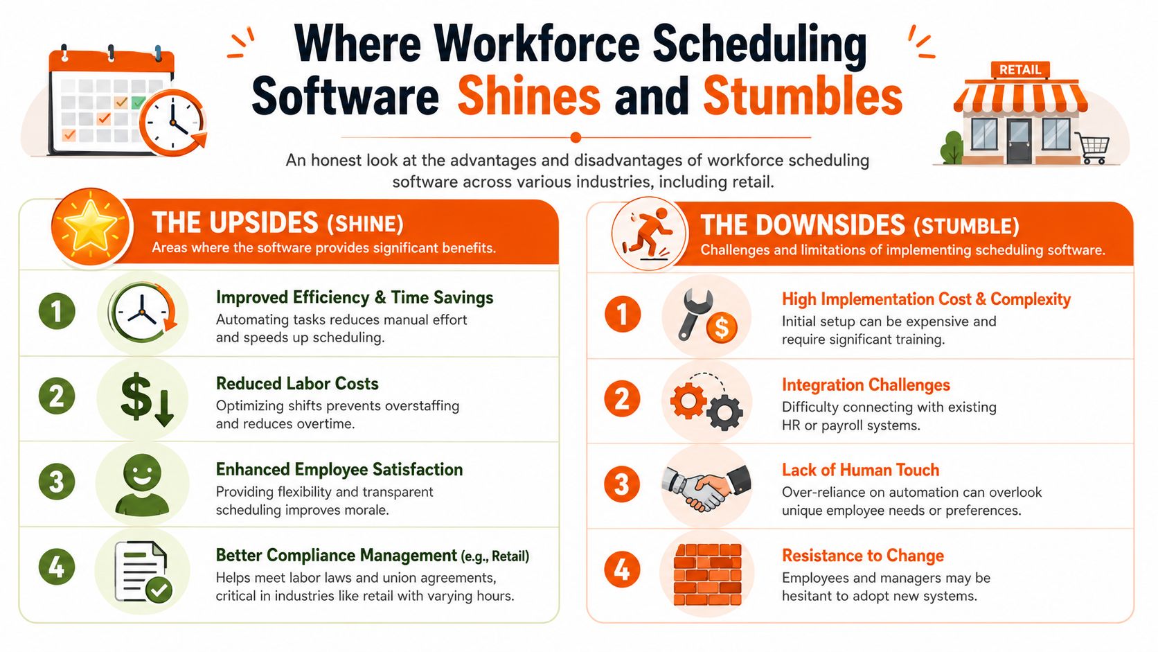 An infographic comparing the advantages and disadvantages of implementing workforce scheduling software in various business industries.