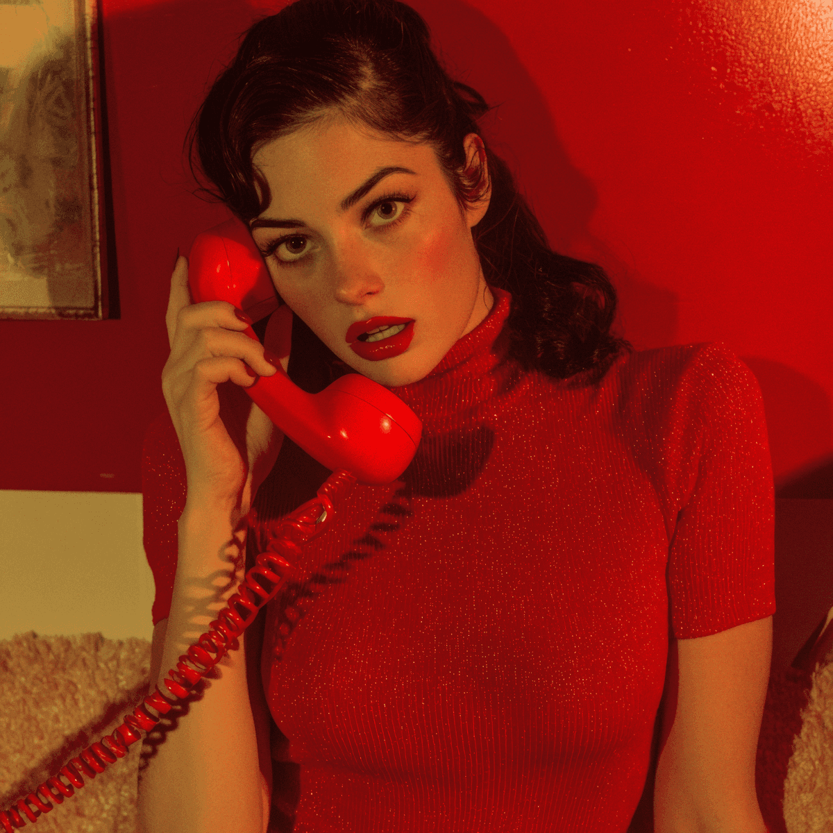 Woman in red dress holding red phone against red background.