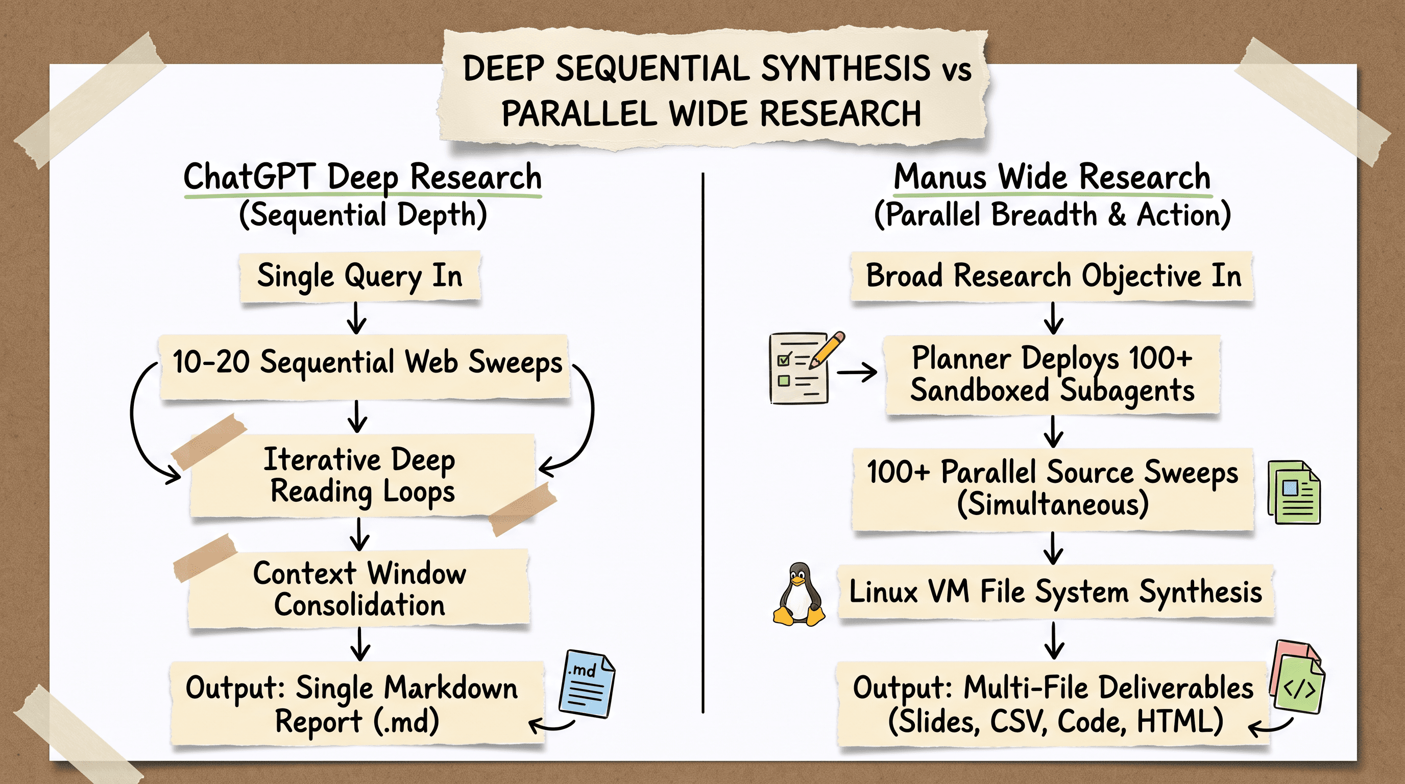 Scrapbook diagram contrasting Manus Wide Research 100 agent fan out with ChatGPT Deep Research sequential synthesis