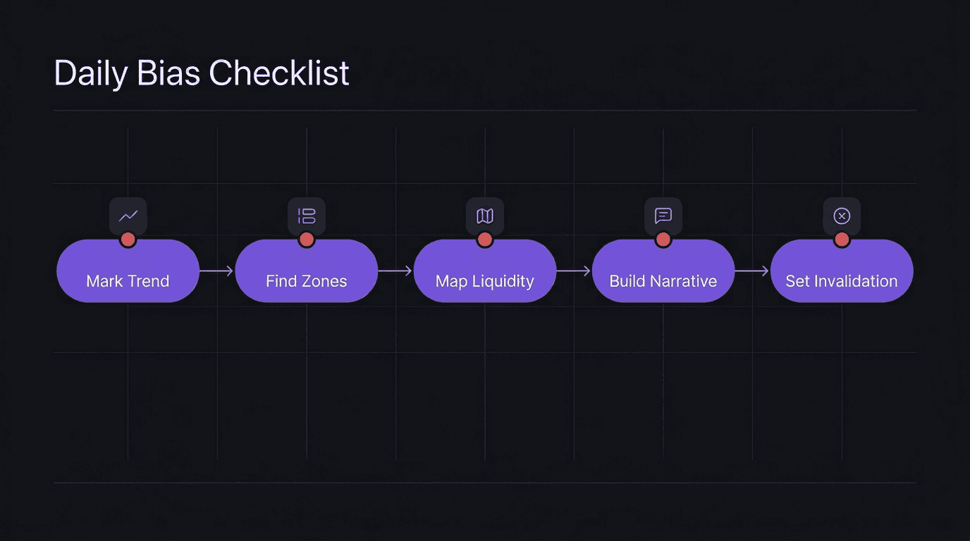 Five-step daily bias checklist flowchart showing Mark Trend, Find Zones, Map Liquidity, Build Narrative, and Set Invalidation